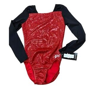 NEW Adult Small GK Leotard Long Sleeve Black Red Foil Competition AS Gymnastics